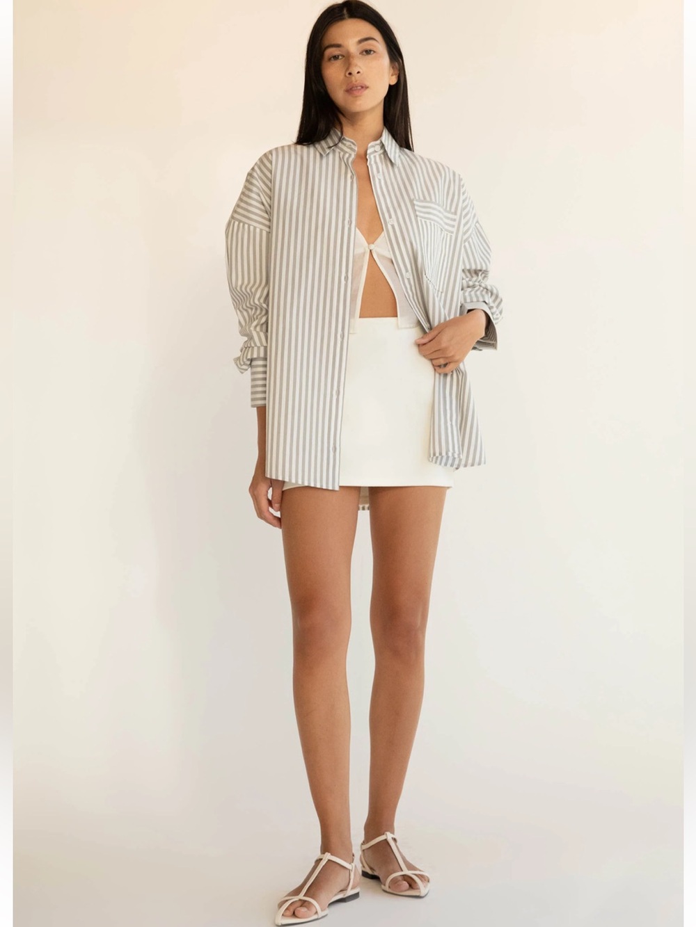 OAK + FORT SET Grey & White Striped Button-Up With Matching Shorts